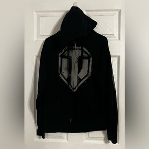 designed by jinx Men’s Medium Black Zip Up Hooded Jacket With “world Of Tanks”